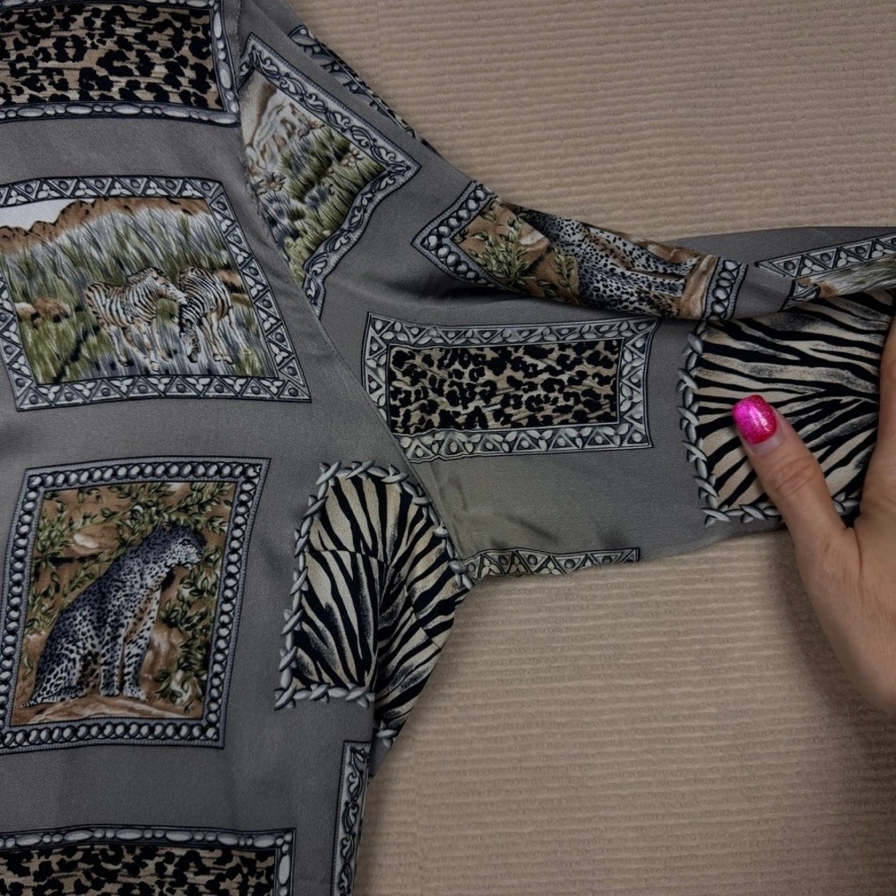 Vintage Starington Silk Safari Animal Print Blouse Leopard Zebra Grey Size 14 - Picture 8 of 10